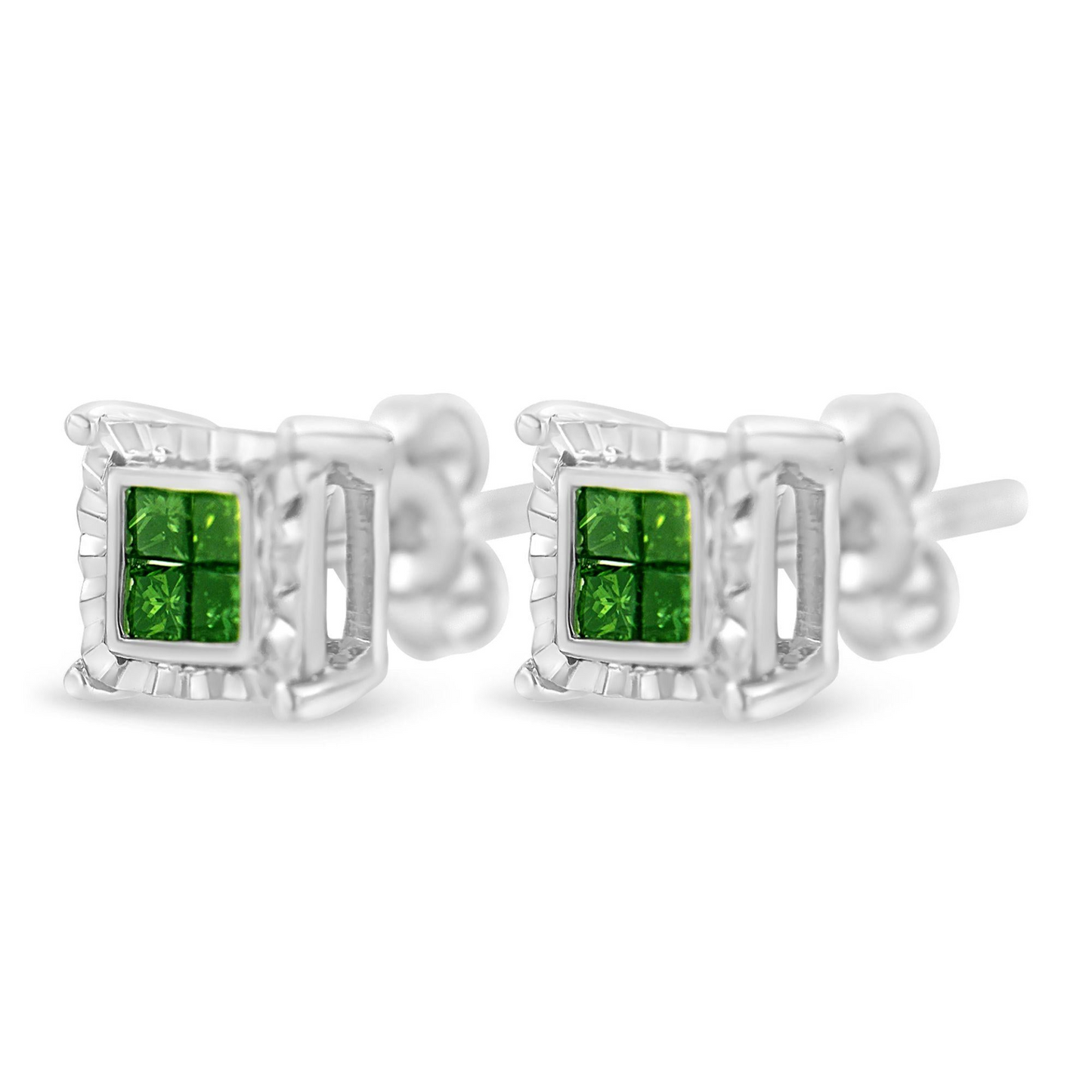 Sterling Silver Color Treated Princess Diamond Quad Stud Earring (1/2 cttw, Green Color, I1-I2 Clarity)