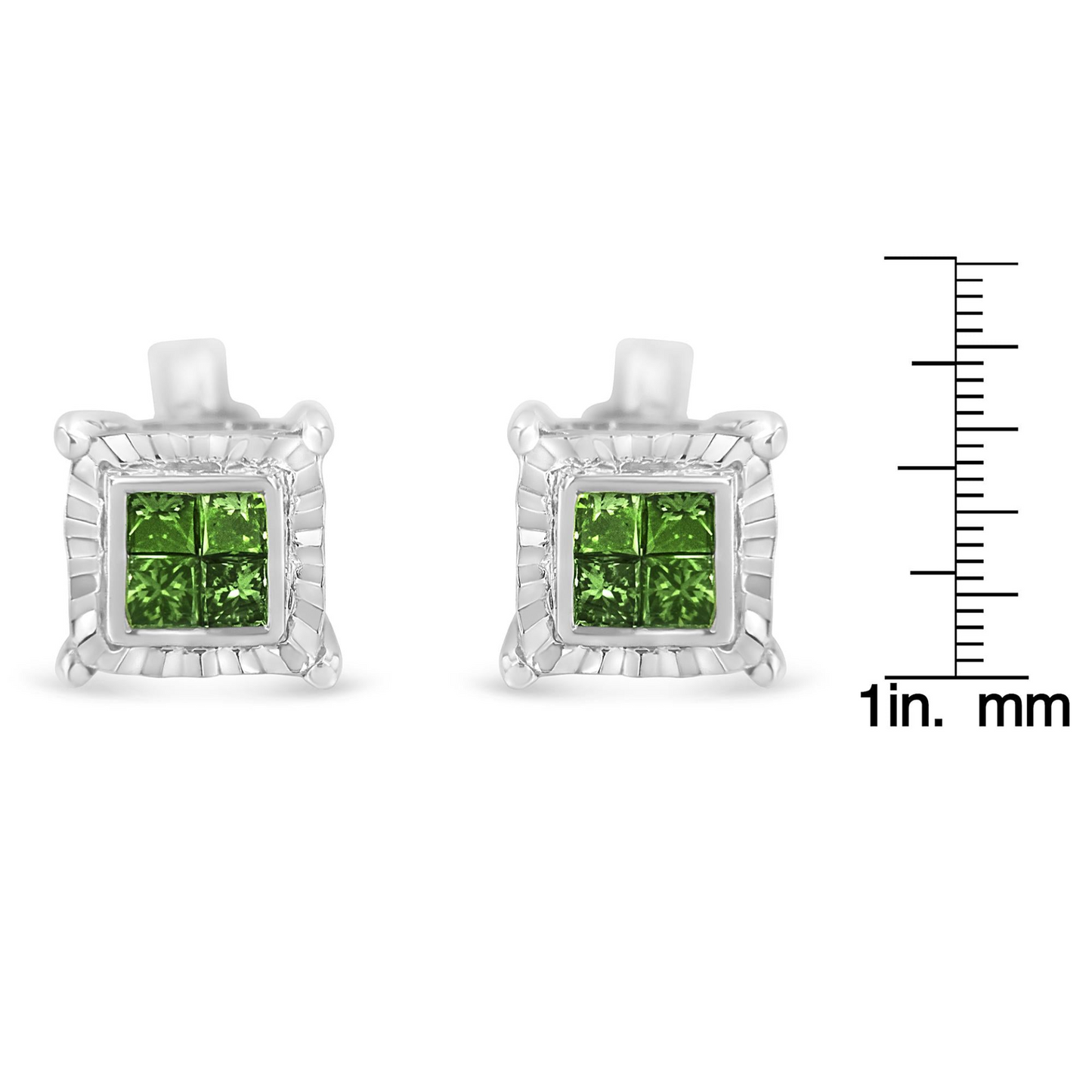 Sterling Silver Color Treated Princess Diamond Quad Stud Earring (1/2 cttw, Green Color, I1-I2 Clarity)